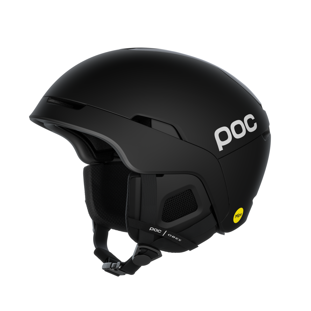 Schwarzer Skihelm Poc Obex MIPS mit Mips-Aufkleber und Poc Schriftzug von der Seite.