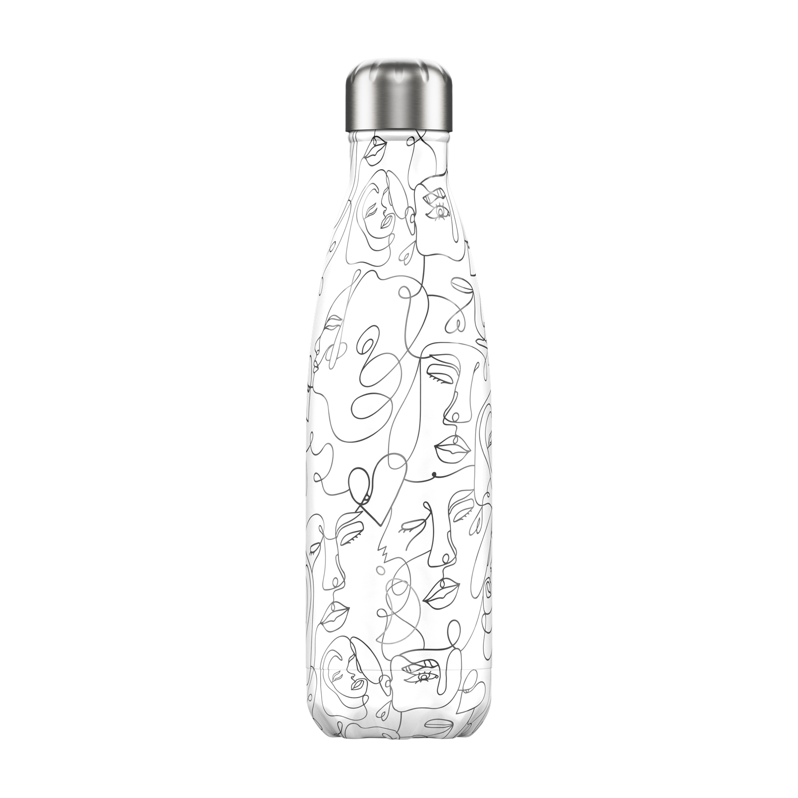 Weisse Chillys Trinkflasche Schlanke, weisse Chillys Trinkflasche (500ml) mit silbernem Deckel und Line Art Gesichtern.