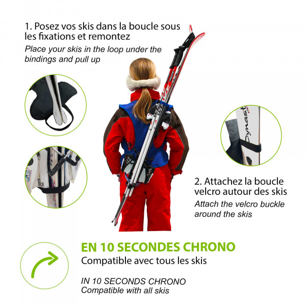 Kind mit Skiback Blue trägt Skier und Stöcke wie einen Rucksack. Anleitung zur Befestigung der Skier.