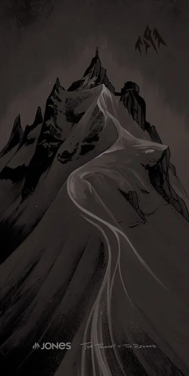 Schwarz-weiße Illustration: Berglandschaft mit gewundenem Pfad zur Bergspitze. Jones Logo unten links.