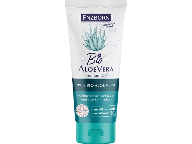 Tube mit Bio Aloe Vera Gel, weiß mit türkisfarbenem Verschluss.