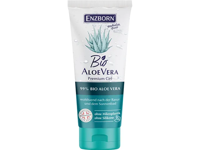 Tube mit Bio Aloe Vera Gel, weiß mit türkisfarbenem Verschluss.