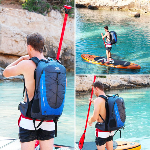 Wasserdichter Rucksack beim Paddeln Collage: Mann mit wasserdichtem Rucksack paddelt auf dem Wasser. Der Rucksack ist blau-grau.