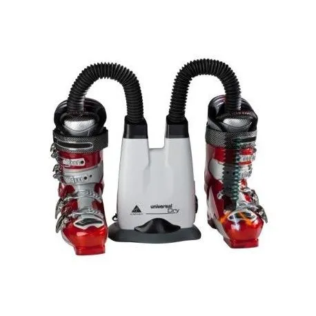 Alpenheat UniversalDry Schuhtrockner mit zwei Skischuhen. Das Gerät ist weiß mit schwarzen Schläuchen.