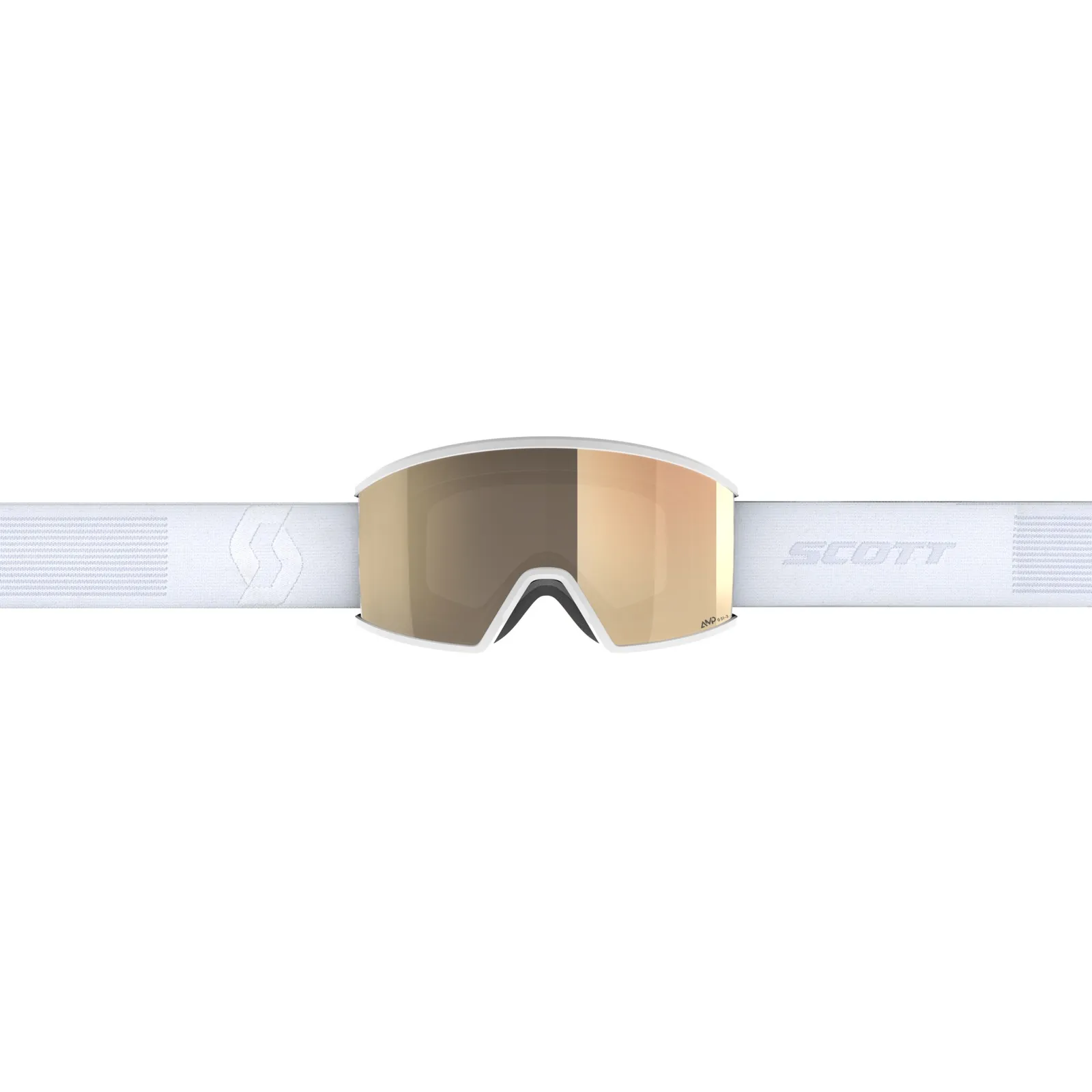 Weiße Scott Ambit LS Skibrille mit goldener Linse und weißem Band vor einem weißen Hintergrund.