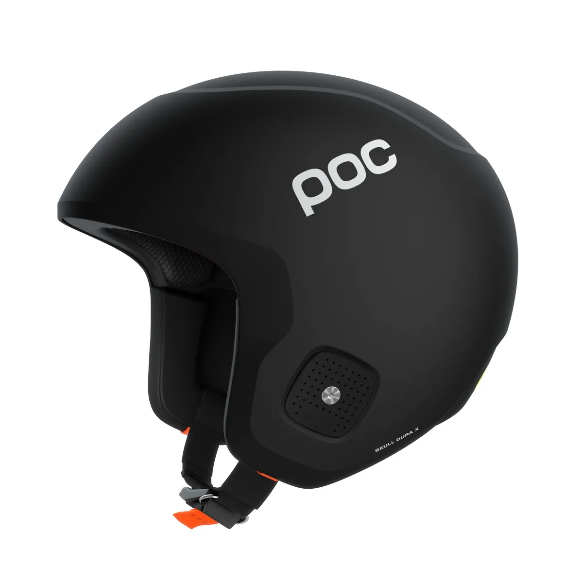 Schwarzer Poc Skull Dura X Mips Skihelm von der Seite, mit weißem Logo und orangenen Akzenten am Kinnriemen.
