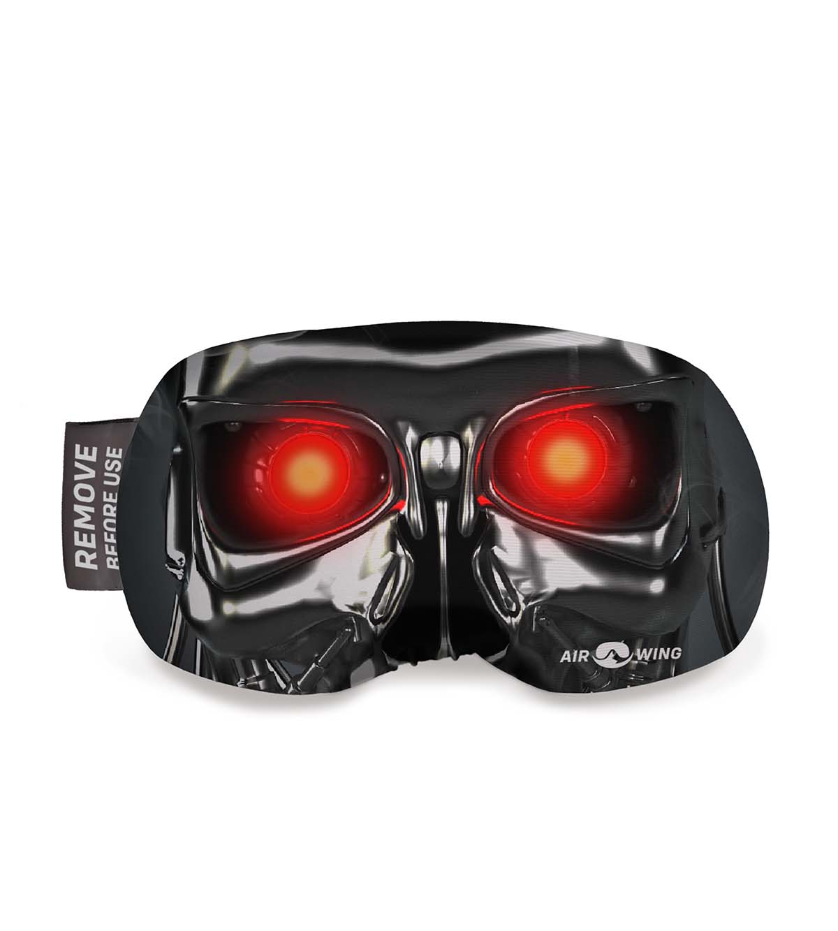 Airwing-Robot Skibrillen-Schutzhülle in Form eines Roboterschädels mit roten Augen.