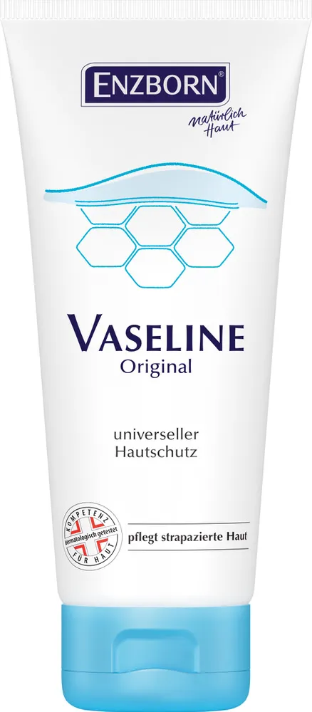 Weiße Tube ENZBORN Vaseline 100ml mit blauem Deckel. Aufdruck: Logo, Inhaltsangabe, Hautschutz.