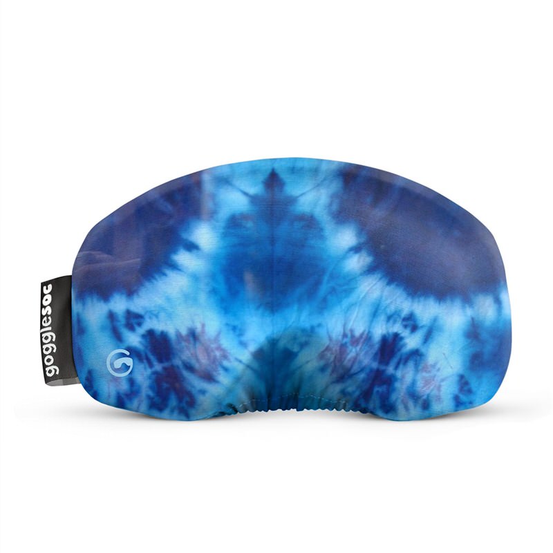 Blaue Skibrillen-Hülle Blaue Gogglesoc Skibrillen-Schutzhülle mit Batikmuster und Logo-Etikett.