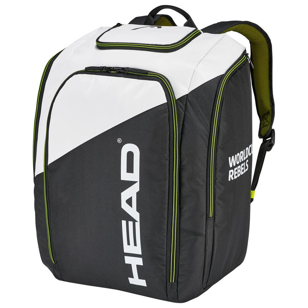 Schwarzer/weißer Head Rebels Racing Backpack S mit Tragegriffen und neonfarbenen Details.