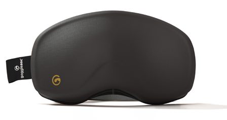 Schwarze Skibrillen-Gogglesoc Schwarzer Gogglesoc Pro Skibrillen Schutzbezug mit Logo-Etikett und goldenem "G"-Symbol.