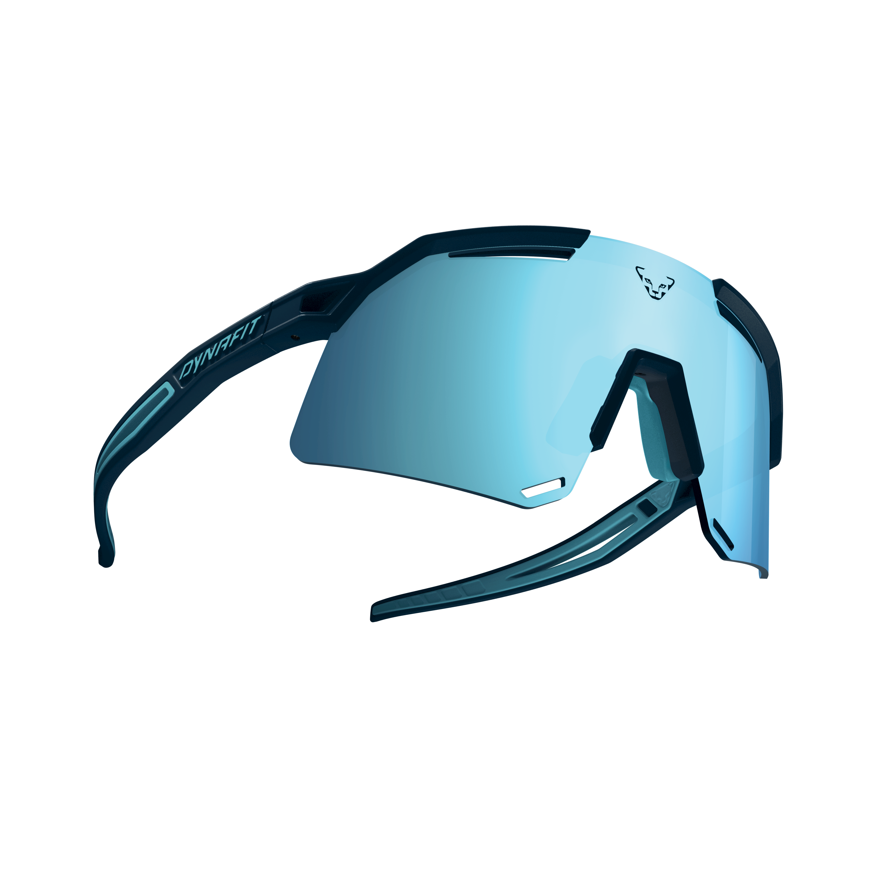 Blaue Dynafit Ultra Evo Sonnenbrille mit großem Sichtfeld und Dynafit Logo auf den Gläsern.