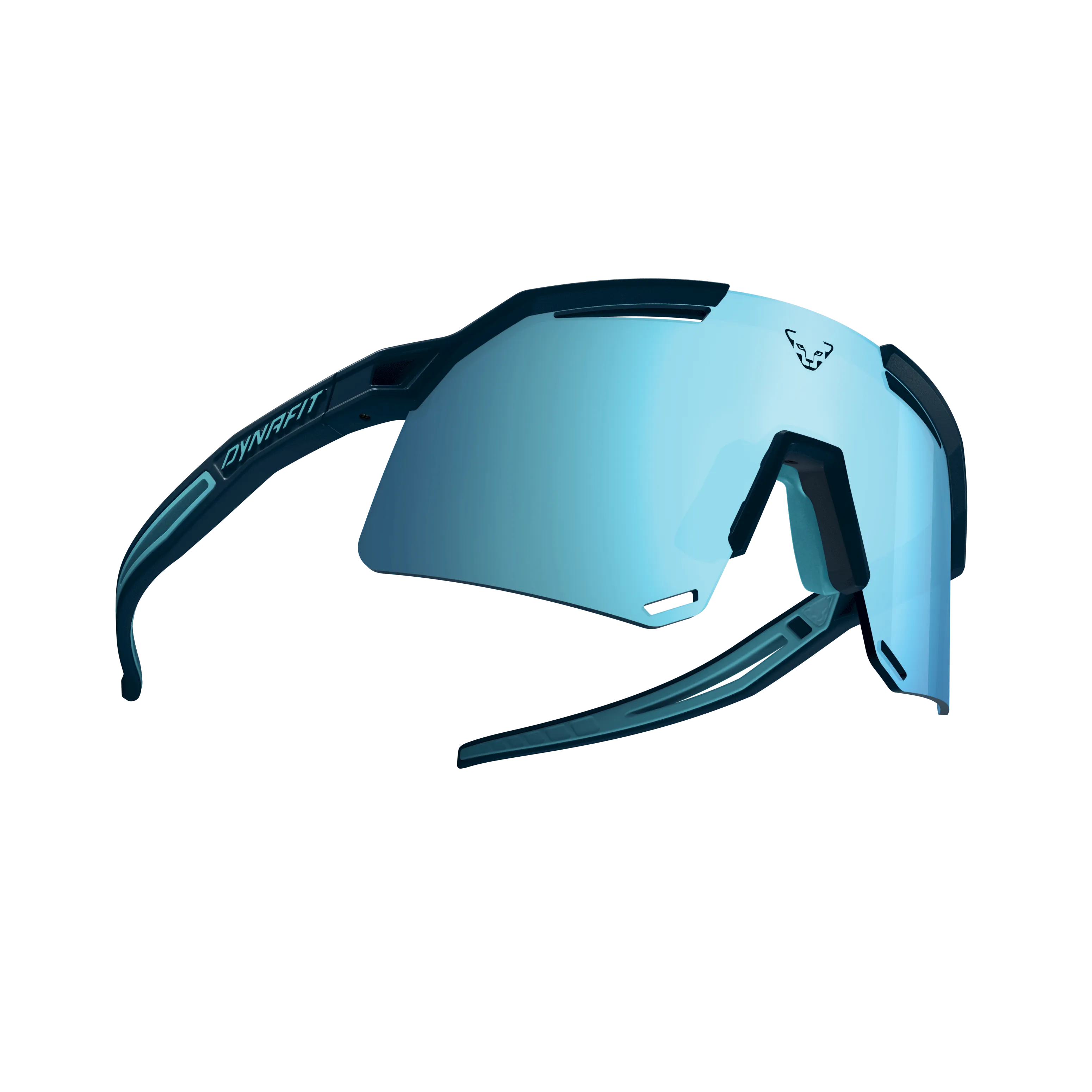Blaue Dynafit Ultra Evo Sonnenbrille mit großem Sichtfeld und Dynafit Logo auf den Gläsern.