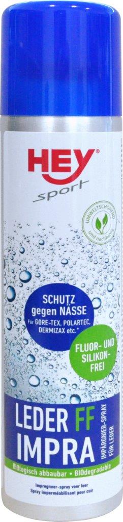 Spraydose Leder FF Impra von Hey Sport mit blauem Deckel und Aufschrift. Schutz vor Nässe, fluor- und silikonfrei.