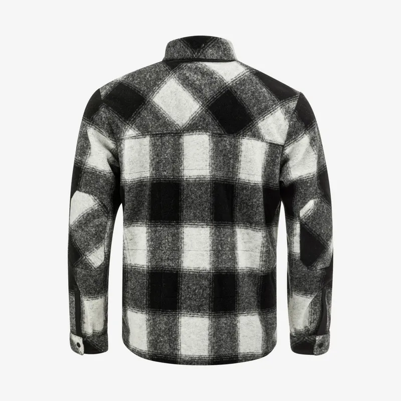 Rückansicht eines schwarz-weiß karierten Herren Hemdes mit Ellbogenpatches.