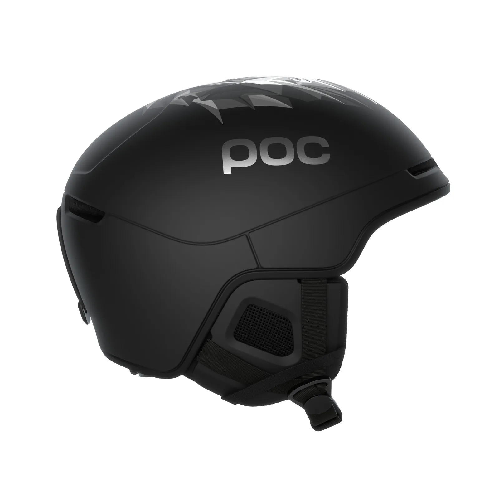 Schwarzer POC Obex Pure Skihelm, seitliche Ansicht, mit dezentem Löwenmuster und dem POC Logo auf der Seite.