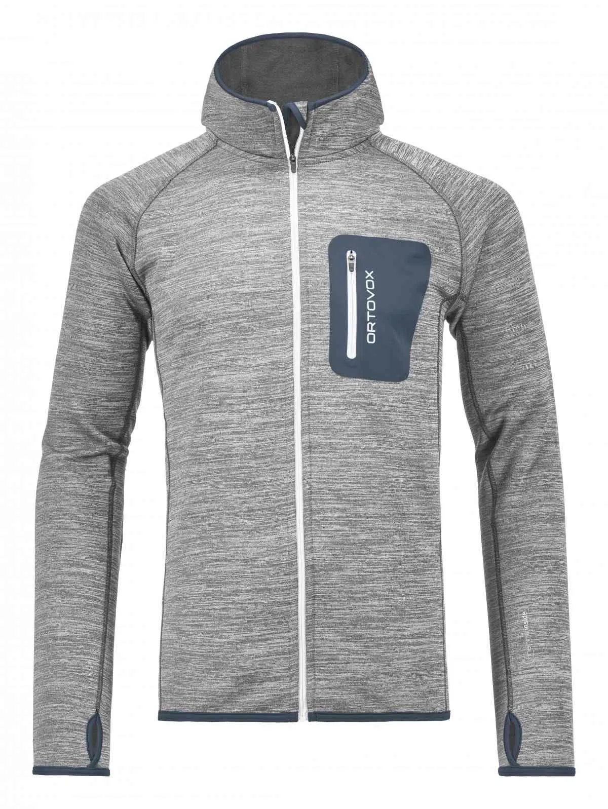Grauer Ortovox Fleece Melange Hoody mit durchgehendem Reißverschluss und Kapuze, Vordertasche mit Reißverschluss.