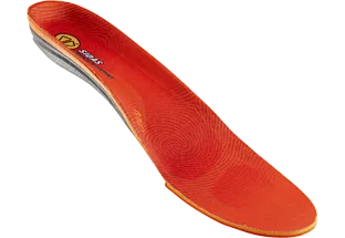 Orangefarbene Sidas Sohle für Winter mit Logo und grauen Akzenten, seitliche Perspektive.