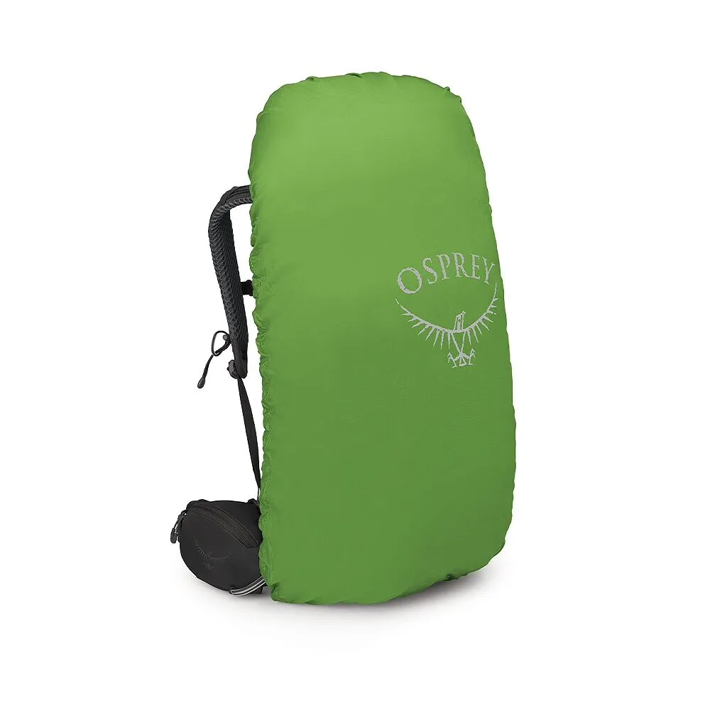 Leuchtend grüne Regenhülle für Rucksäcke auf weißem Hintergrund. Sie bedeckt den Großteil des Rucksacks, sichtbar sind nur ein Teil des schwarzen Tragesystems und eine kleine schwarze Hüfttasche links unten. Osprey-Logo vorn.