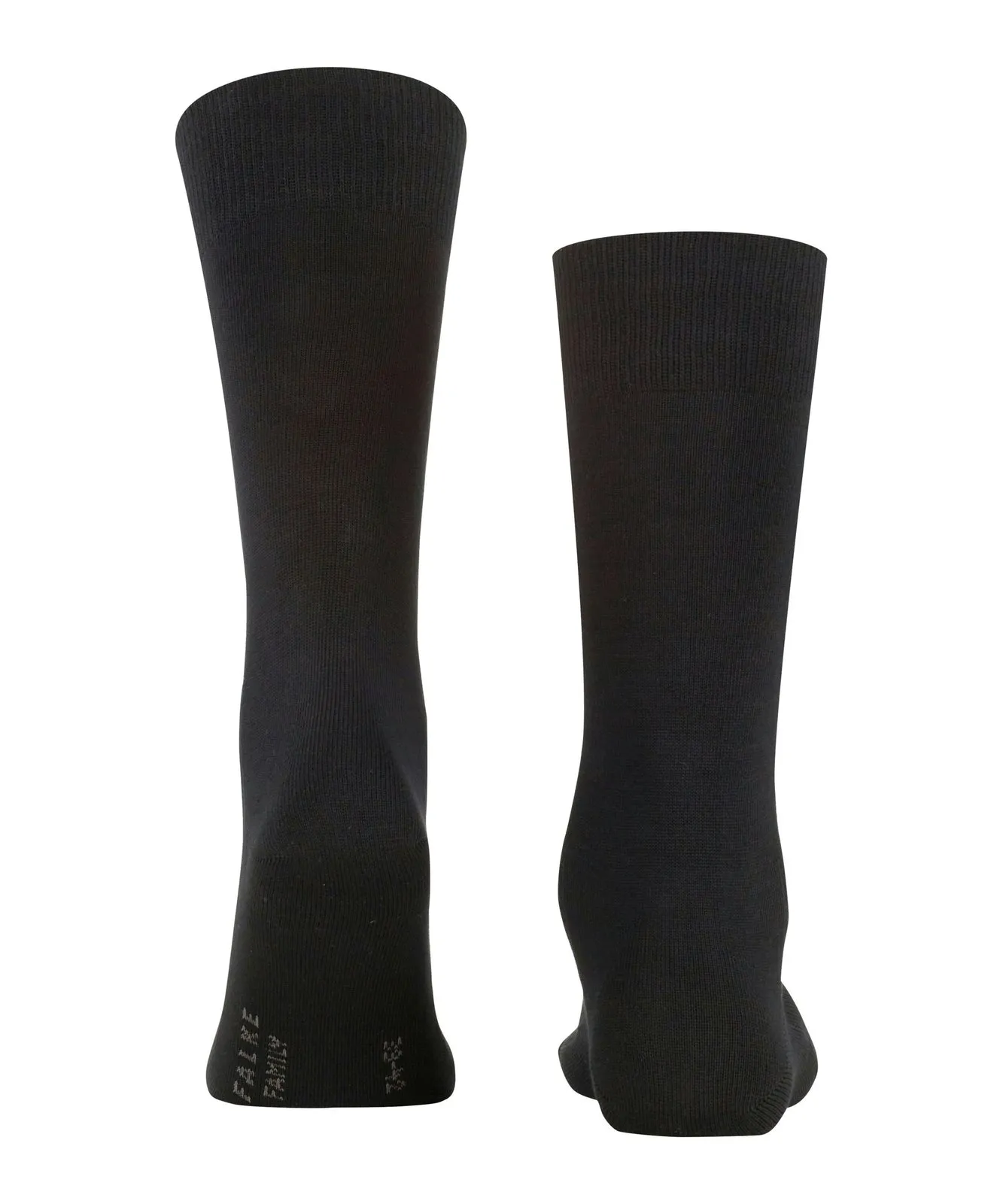 Zwei schwarze FALKE Family Socken von hinten, mit Größenangabe und Logo.