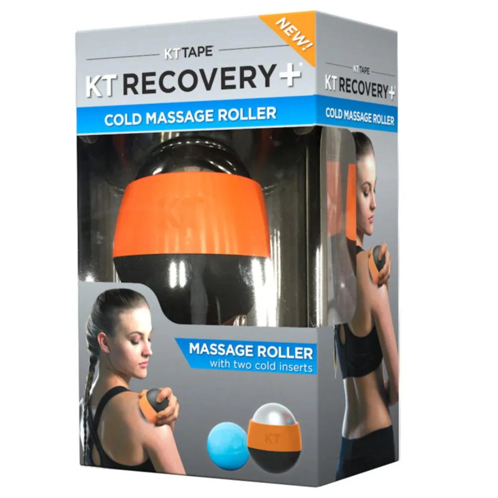 Verpackung des KT RECOVERY Cold Massage Rollers mit Anwendungsbeispiel und Zubehör.
