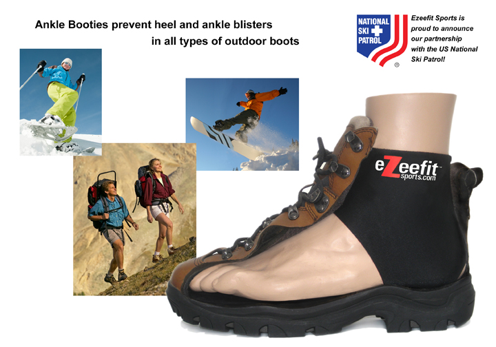 Ezeefit – die ultimative Blasenlösung für jedes Abenteuer Produktvorstellung: Knöchel-Booties gegen Blasen in Outdoor-Stiefeln, gezeigt durch Skifahrer, Snowboarder und Wanderer.