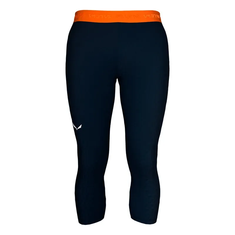 3/4 lange, marineblaue Salewa Tight mit orangem Bund und kleinem, weißen Logo.
