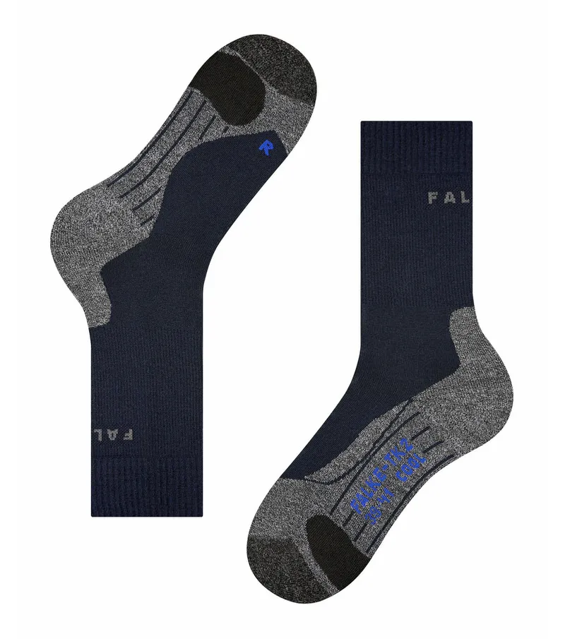 Zwei marinefarbene Trekking Socken, mittelhoch, mit grauen und schwarzen Details.