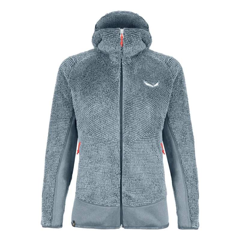 Hellgraue Salewa Tognazza Polarlite Damen Jacke mit Kapuze und durchgehendem Reißverschluss.