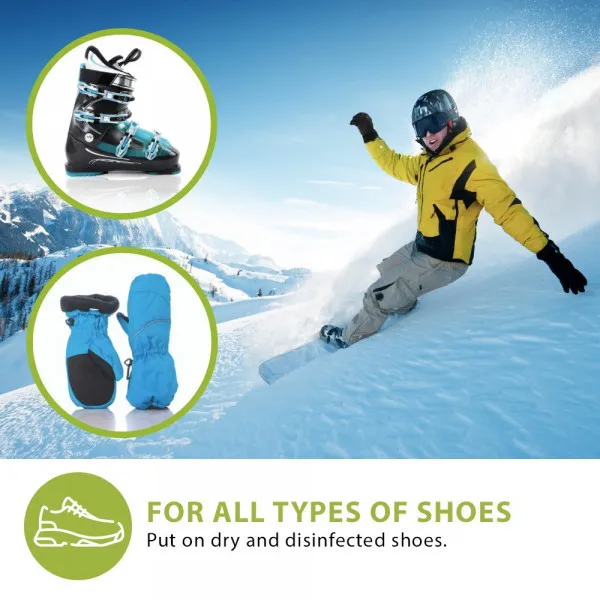 Collage: Skischuh, Handschuhe im Kreis, Snowboarder auf Piste; Text: Für alle Schuhtypen, trocken & desinfiziert.