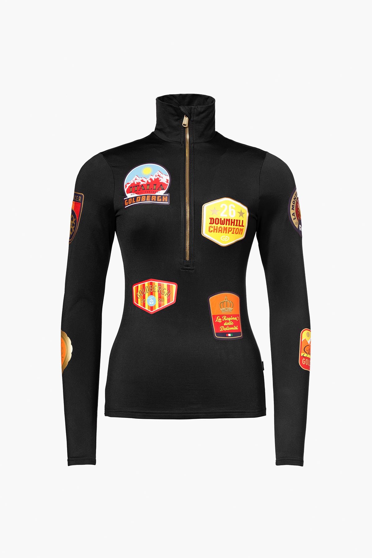 Schwarzes Oberteil mit hohem Kragen und goldenem Reißverschluss, verziert mit farbenfrohen, thematischen Aufnähern.