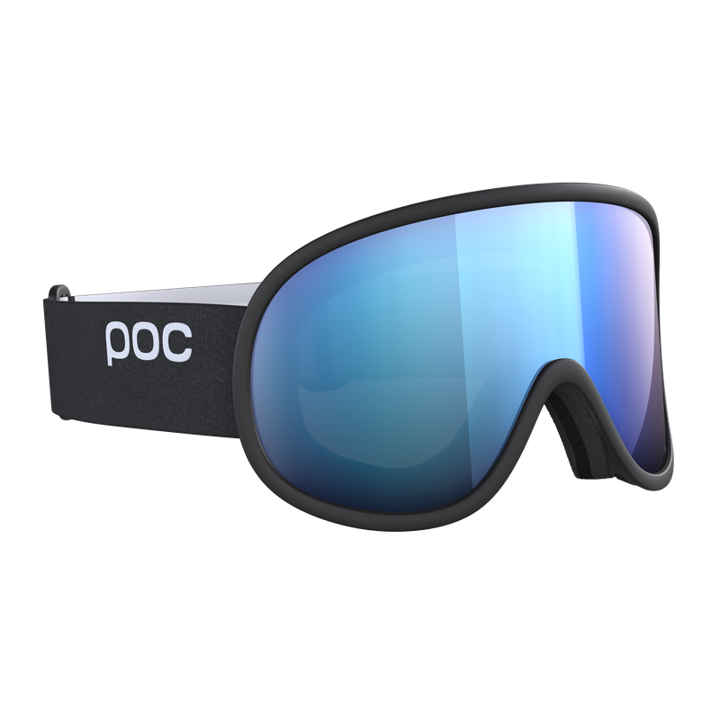Schwarze Skibrille mit blauer Linse und weißem Band mit dem POC-Logo.