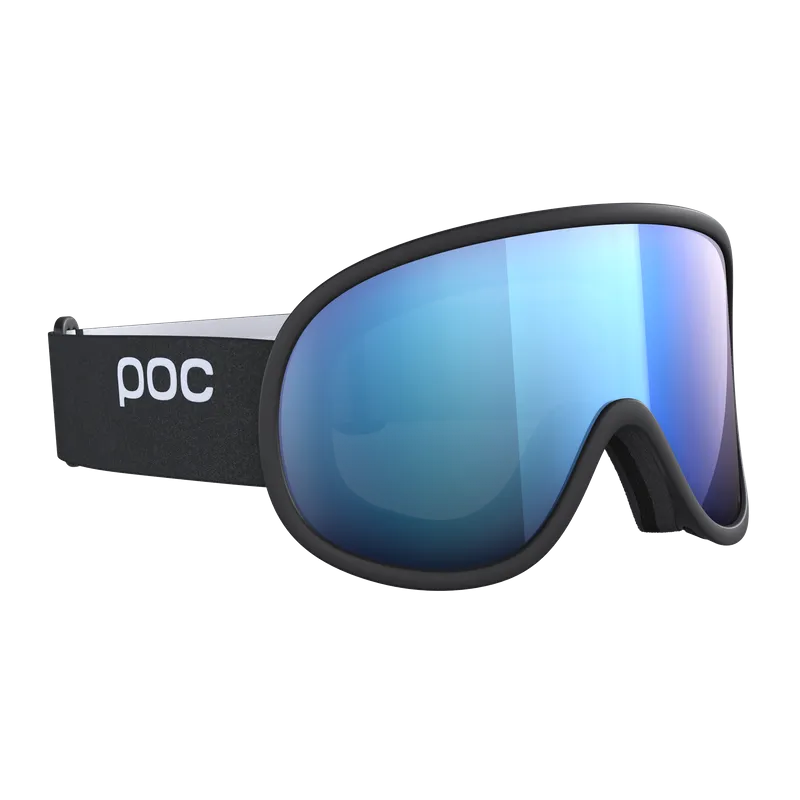Schwarze Skibrille mit blauer Linse und weißem Band mit dem POC-Logo.