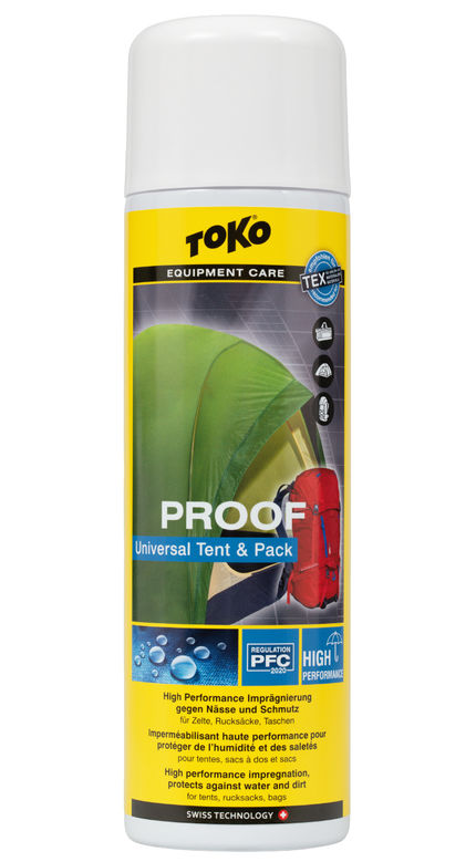 Toko Imprägnierung für Outdoor Spraydose Toko Tent & Pack Proof mit Zelt und Rucksack auf gelbem Etikett. Imprägnierung für Outdoor-Ausrüstung.