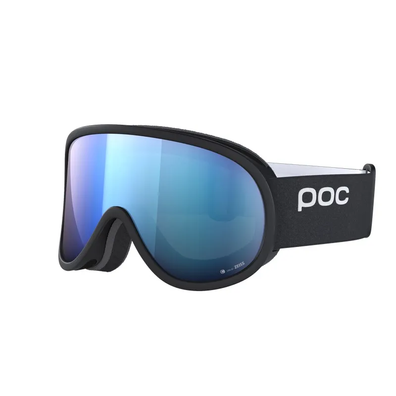 Schwarze POC Retina Mid Skibrille mit blauer zylindrischer Linse, von der Seite fotografiert.