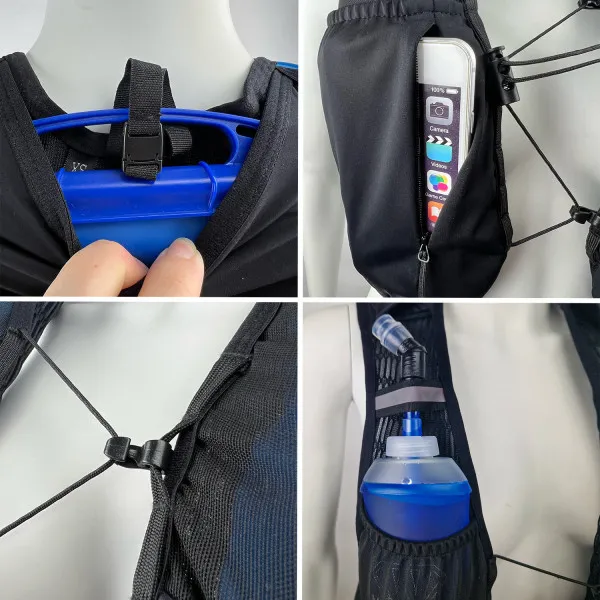 Details der Running Trinkweste Hydrabag Elite 8L: Wasserflasche, Tasche mit Handy, Trinkblase und Verschluss.
