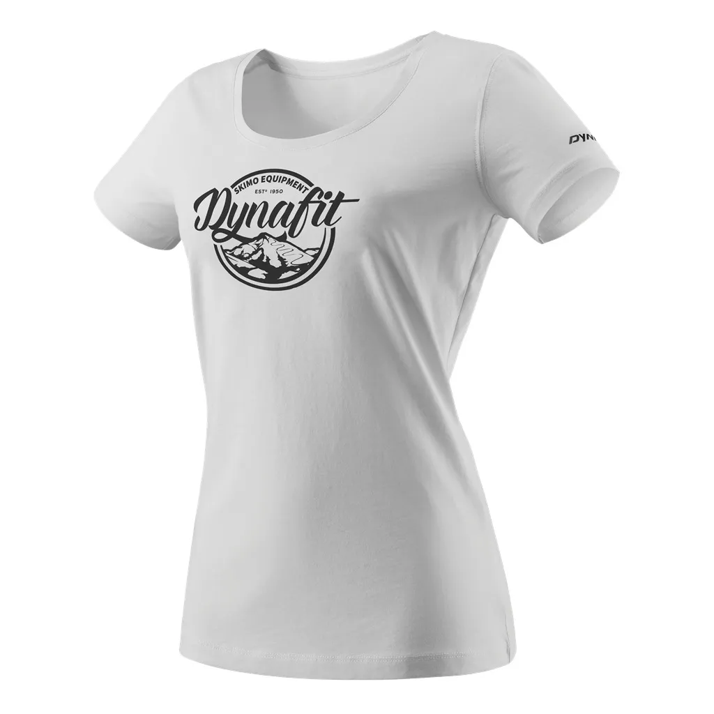 Weißes Dynafit Damen T-Shirt mit Rundhalsausschnitt und schwarzem, rundem Logoaufdruck.