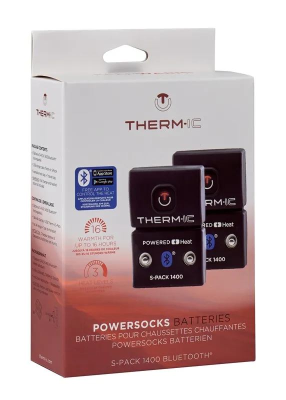 Verpackung der Therm-ic Powersocks Heat Fusion Women mit zwei S-Pack 1400B Akkus, die übereinander gestapelt sind.