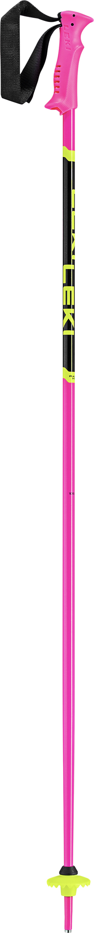 Pinkfarbener Leki Racing Kids Skistock mit schwarzer Handschlaufe und gelben Akzenten.