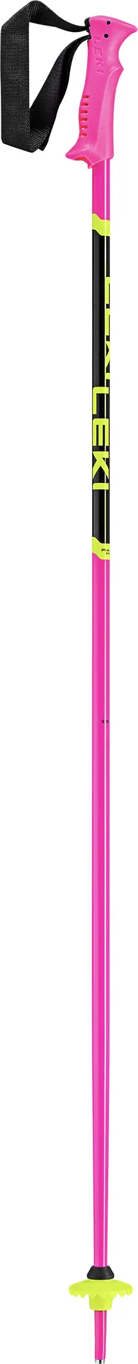 Pinkfarbener Leki Racing Kids Skistock mit schwarzer Handschlaufe und gelben Akzenten.