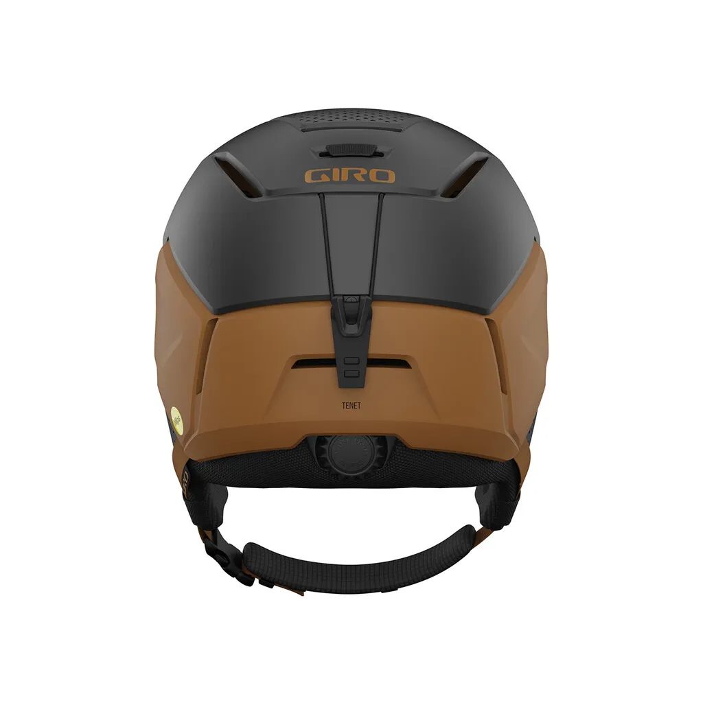 Rückansicht des Giro Tenet MIPS Skihelms in Metallic Coal/Tan mit Einstellrad und Riemen.