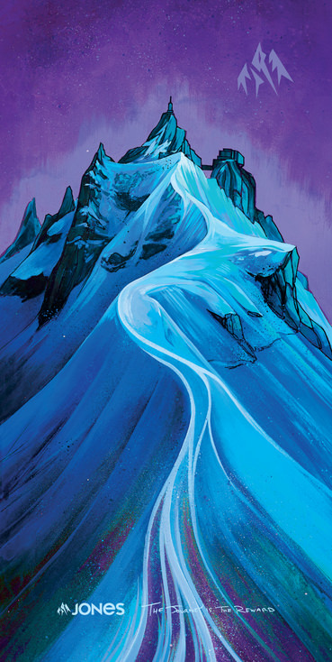 Artwork für Jones Aiguille Neck Warmer: Verschneiter blauer Berg unter lila Himmel mit Logo.