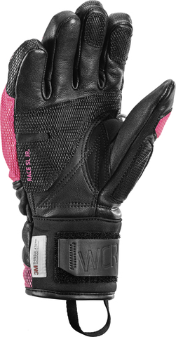 Schwarzer Junior Rennhandschuh Schwarzer Leki WCR Venom 3D Junior Rennhandschuh mit pinkem Akzent, Innenhand nach oben.