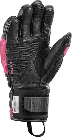 Schwarzer Leki WCR Venom 3D Junior Rennhandschuh mit pinkem Akzent, Innenhand nach oben.