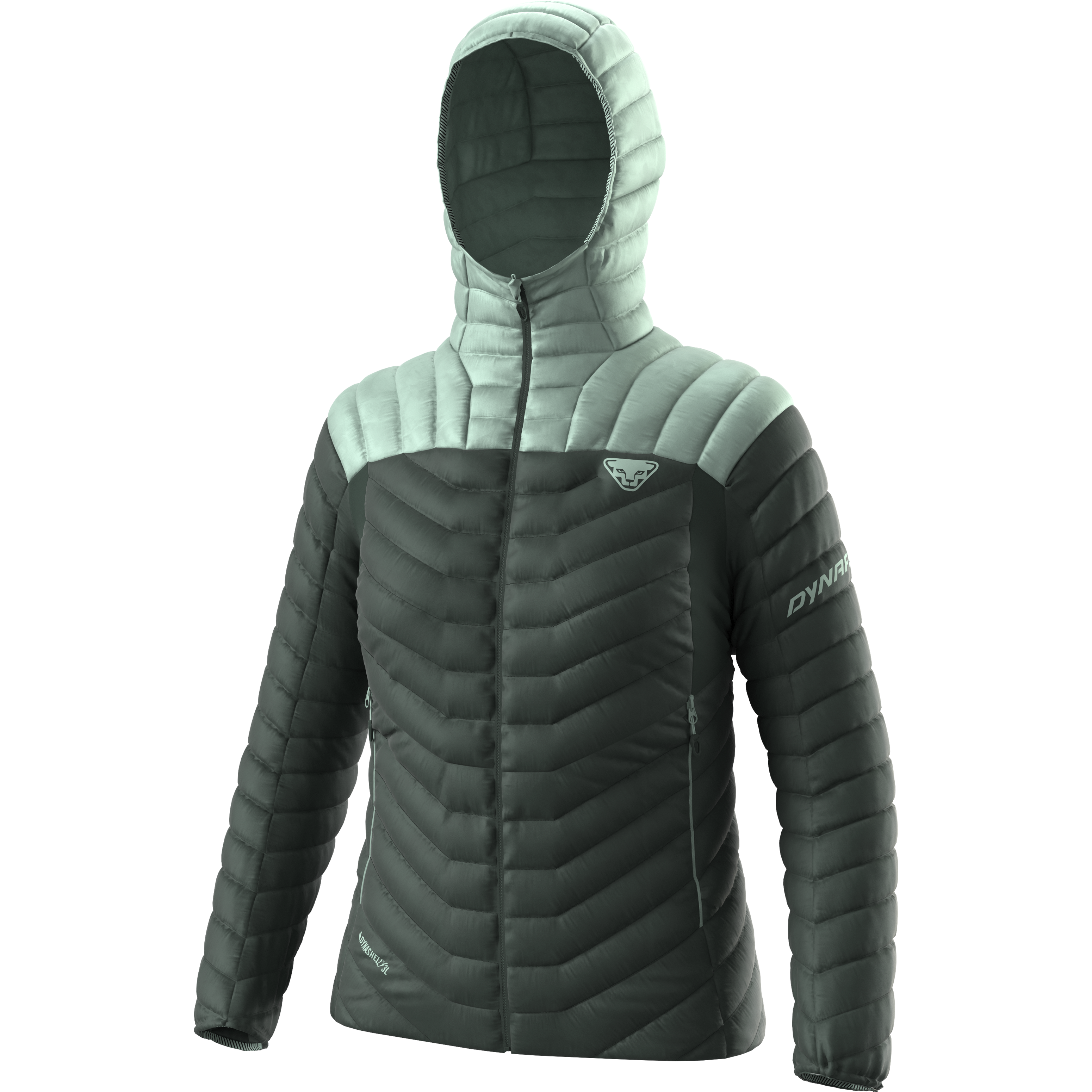 Steppjacke mit Kapuze, Dynafit Ridge Ultralight Daunenjacke für Damen, grün-grau, Reißverschluss.