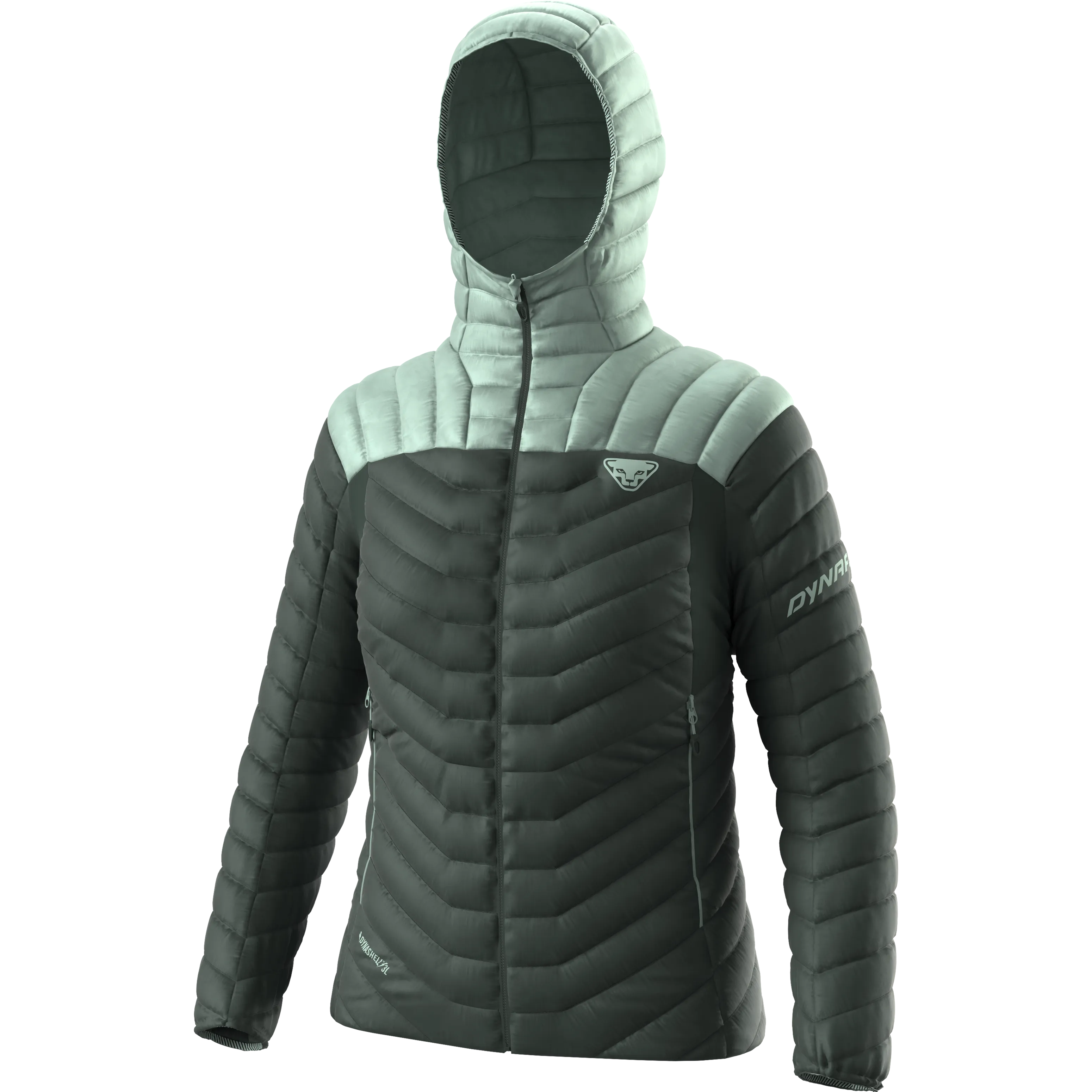 Steppjacke mit Kapuze, Dynafit Ridge Ultralight Daunenjacke für Damen, grün-grau, Reißverschluss.