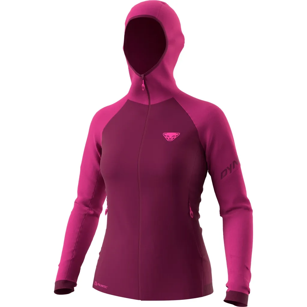 Flamingo farbene Damen Kapuzenjacke aus Polartec® Fleece mit durchgehendem Reißverschluss und Kapuze.