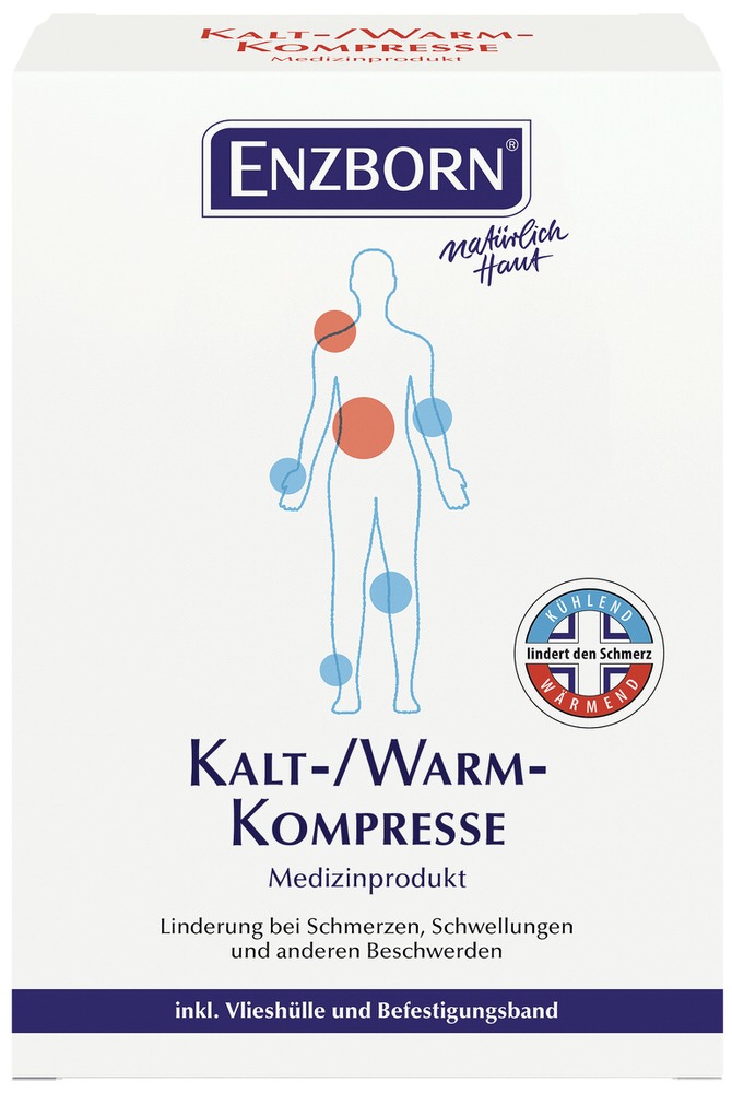 Verpackung der Kalt-Warm-Kompresse mit Körper-Illustration, die Wärme- und Kälteanwendungsbereiche zeigt.