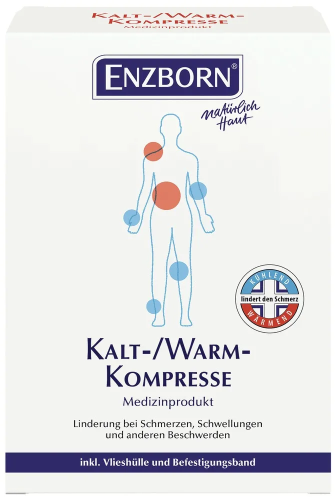 Verpackung der Kalt-Warm-Kompresse mit Körper-Illustration, die Wärme- und Kälteanwendungsbereiche zeigt.