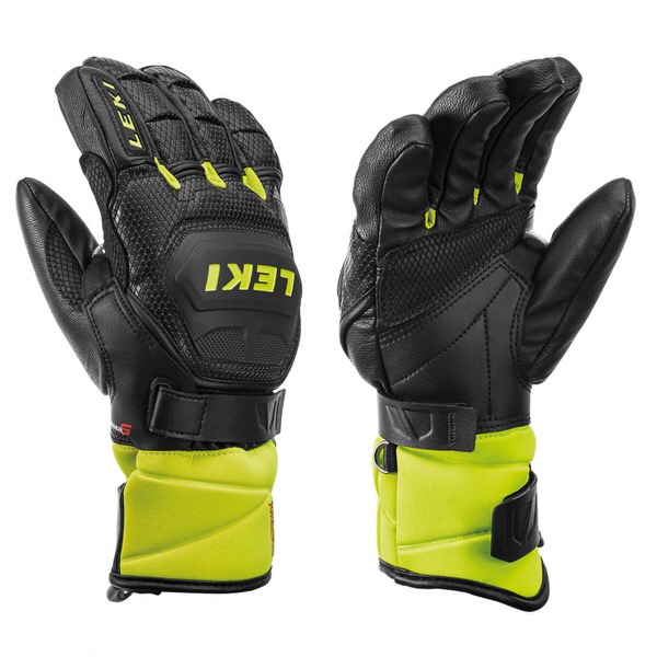 Leki Worldcup Race Flex S Junior Handschuhe Zwei schwarze Leki Worldcup Race Flex S Junior Handschuhe mit gelben Akzenten.